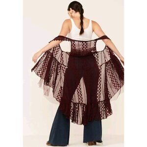 Origami Apparel Wine / Burgundy High-Low Lace Tiered Kimono Vest Women's…